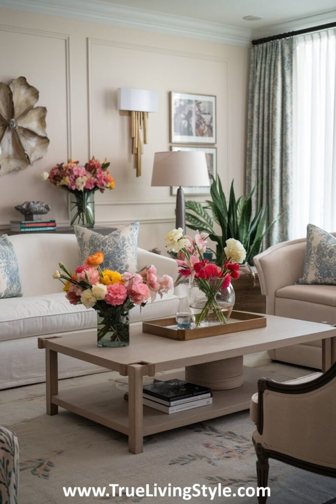 A refreshing living room with neutral furniture, blue accents, floral decor, and light-colored walls, creating a balanced and stylish spring setting.