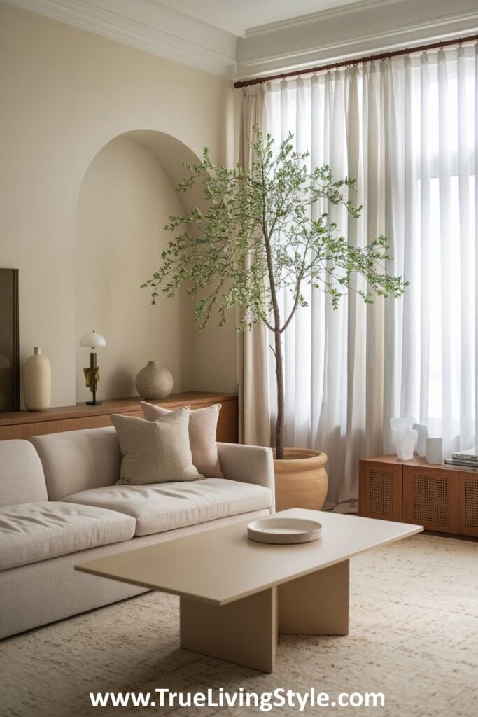 A serene living room with a minimalist design, simple furniture, a statement tree, and light-colored walls, highlighting the beauty of natural elements.