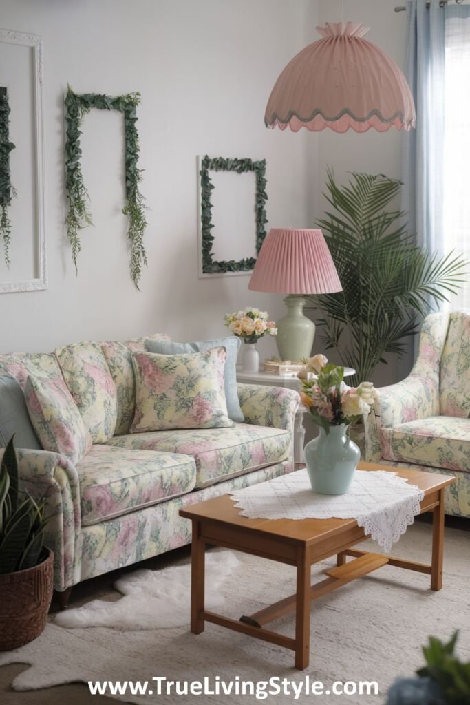 A classic spring living room featuring a floral sofa, green accents, and a wooden coffee table, bringing a touch of nature indoors.