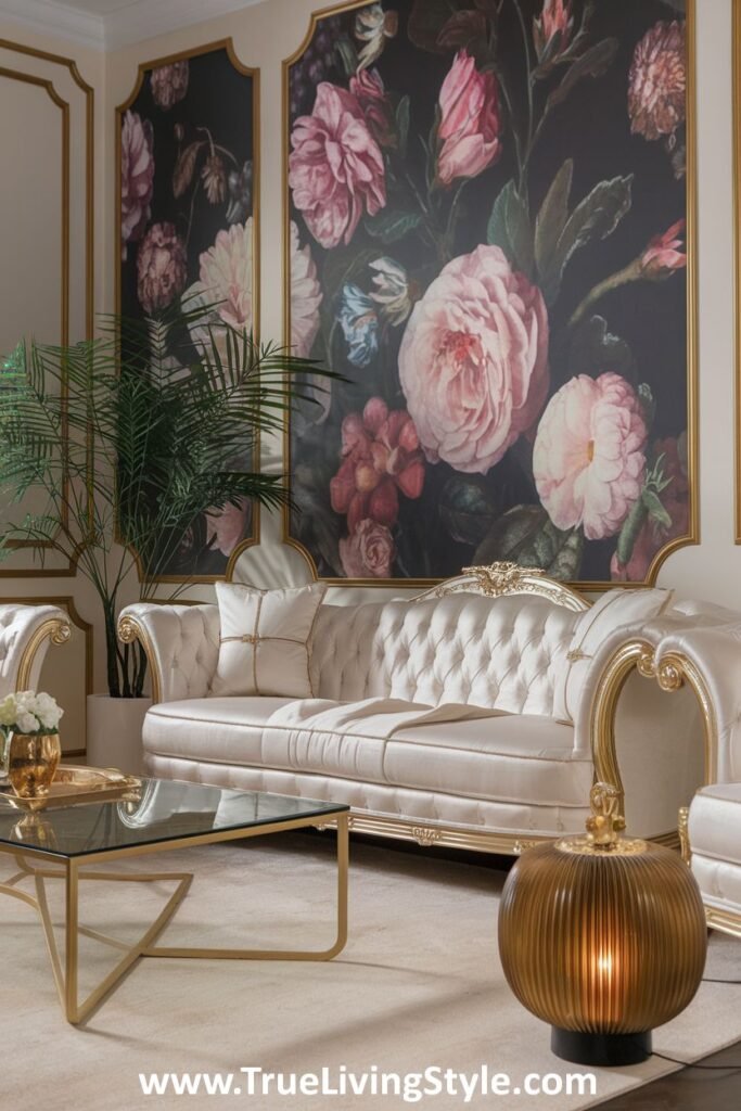 A luxurious living room with elegant floral wallpaper, gold details in decor items, and a neutral sofa, adding a sophisticated touch.