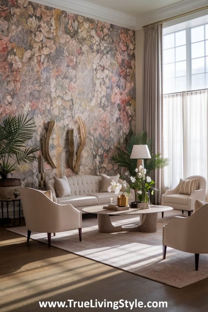 A harmonious living room pairing floral wallpaper with neutral furniture, allowing the wallpaper to be the focal point and creating a stylish spring setting.