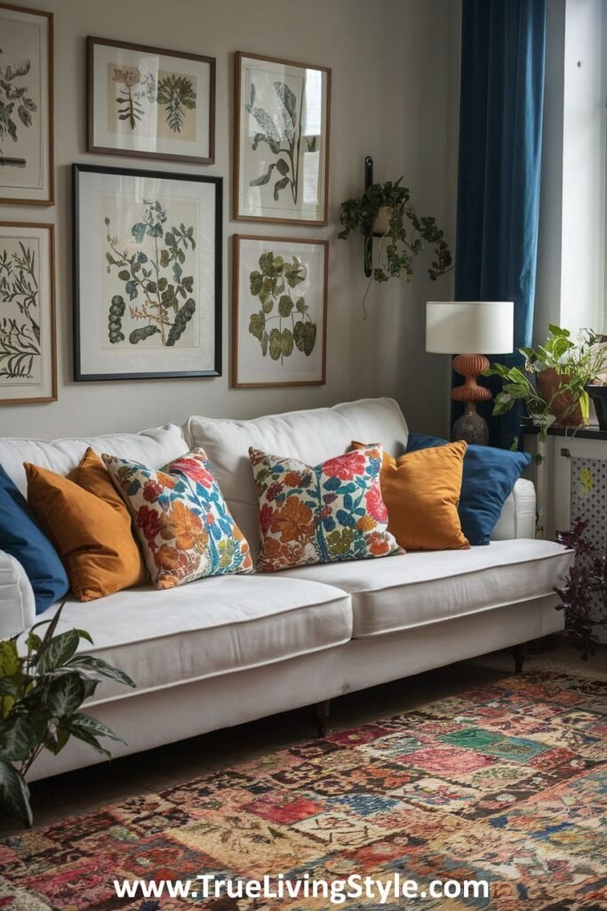 A playful living room with colorful pillows on a white sofa and a patterned rug, creating a vibrant and inviting spring atmosphere.