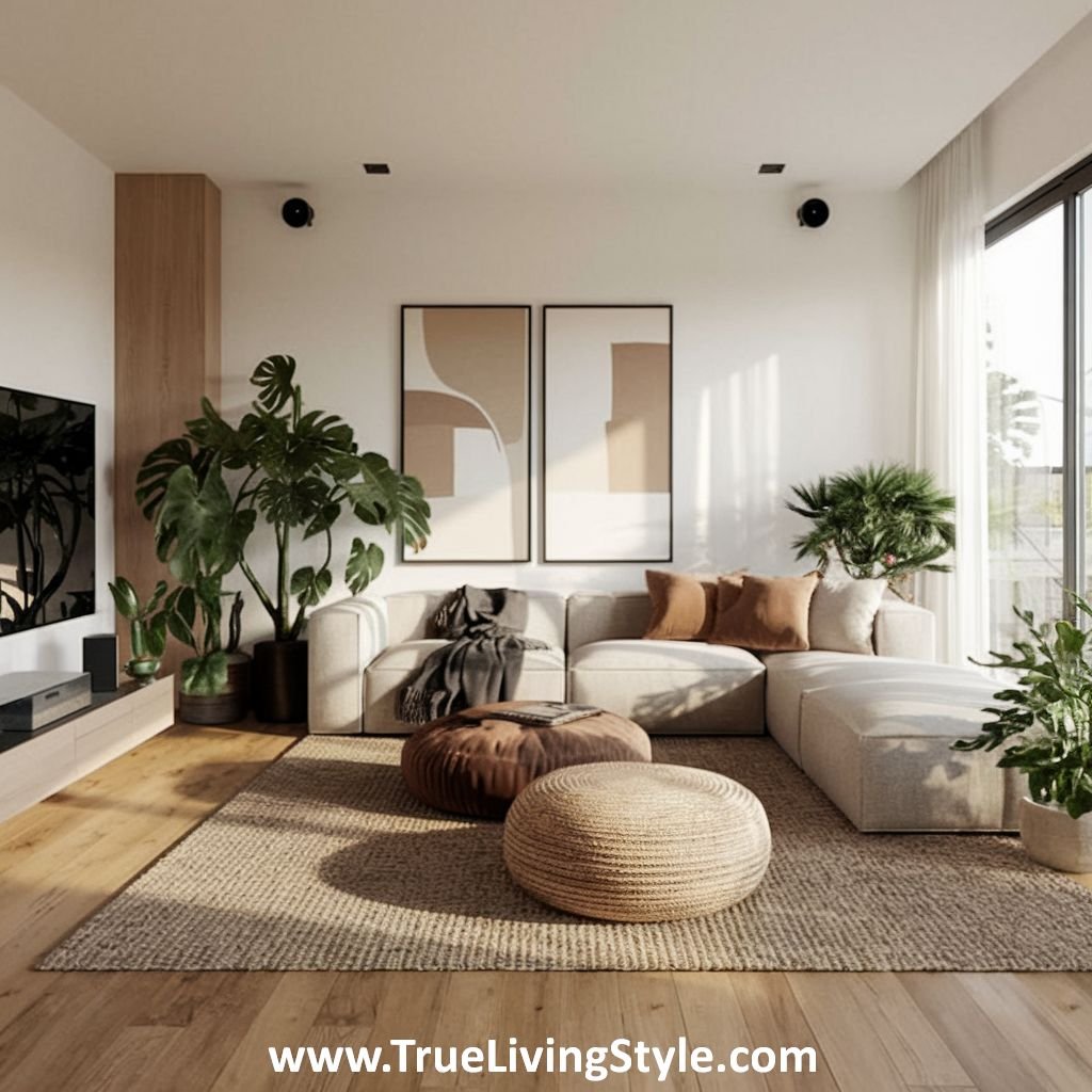 A cozy living room with a sectional sofa and various indoor plants, creating a comfortable and vibrant spring atmosphere.