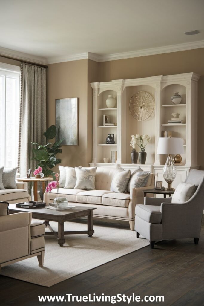 A traditional living room with a neutral sofa, wooden coffee table, built-in shelves, and a large window, exuding a cozy and classic charm.