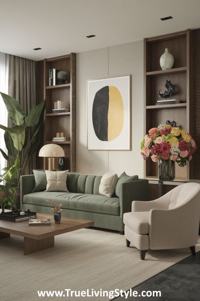 A contemporary living room with an earthy green sofa, wooden shelves adorned with plants, and a minimalist art piece, creating a natural and calming environment.