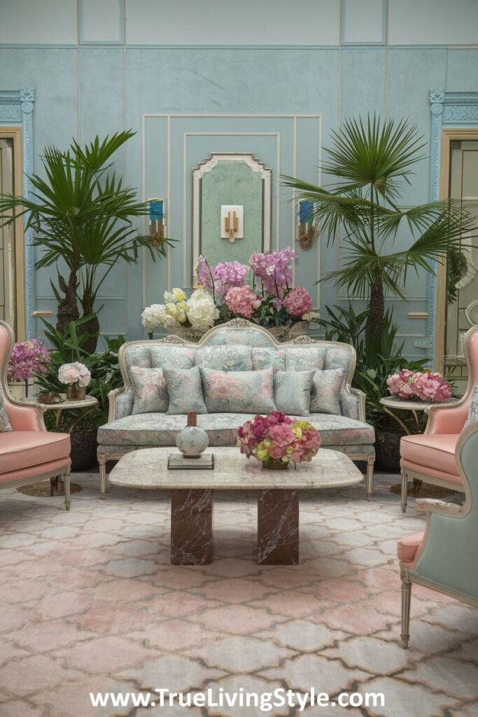 An opulent living room with light blue walls, a floral sofa, pink armchairs, and lush floral arrangements, showcasing a luxurious and vibrant spring decor.