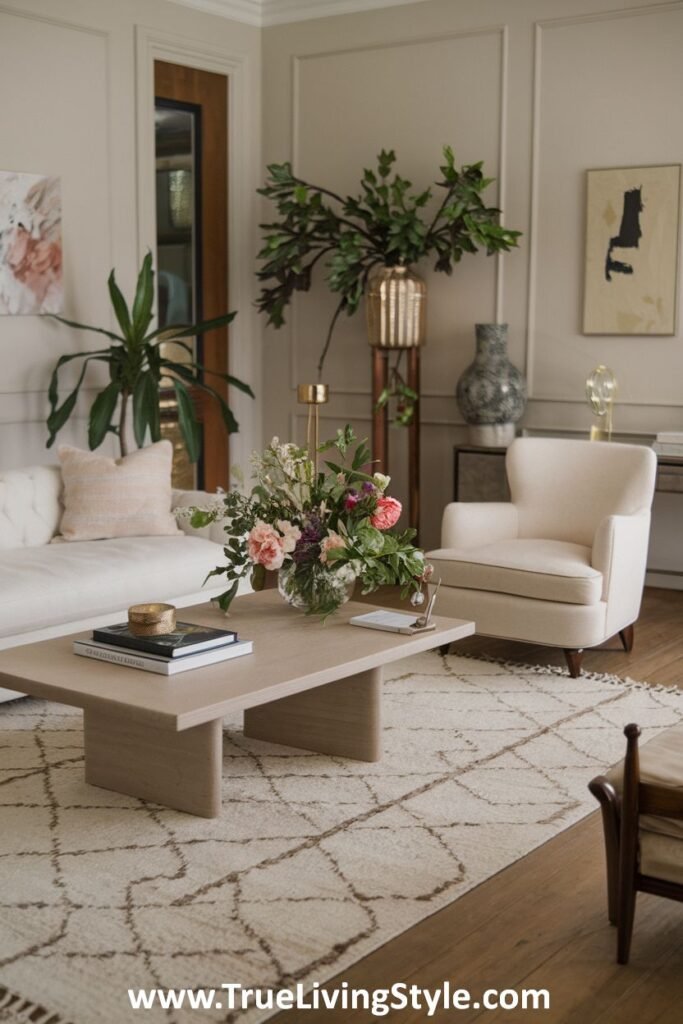 A cozy living room with a white sofa, a light-colored coffee table, and indoor plants, complemented by a patterned rug and soft natural light.