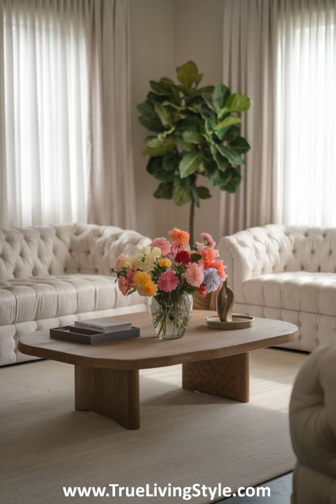 A bright living room featuring tufted sofas, a wooden coffee table with colorful flowers, and a large potted plant near the window, creating a fresh and inviting atmosphere.