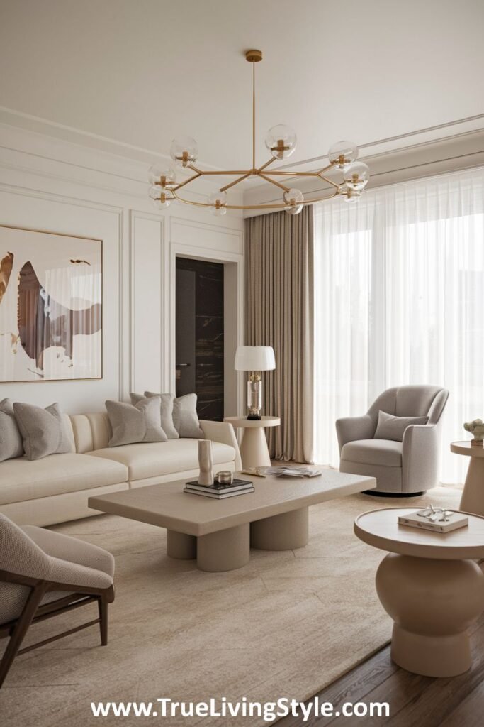 An elegant living room with a soft color palette, round side tables, neutral furniture, and a modern chandelier, exuding a calming and sophisticated vibe.