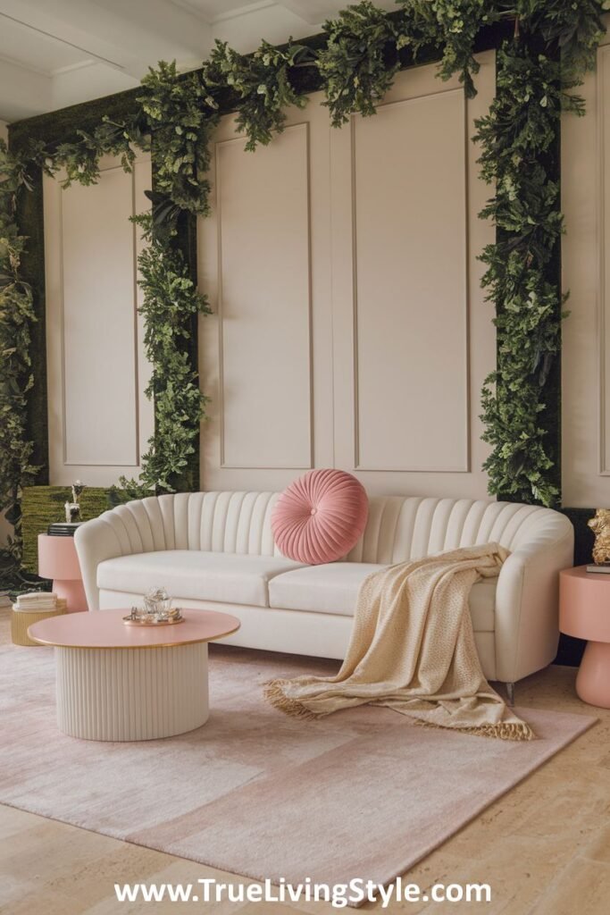 A modern living room with a neutral sofa, pink accents in the pillows and side tables, and a light-colored rug, creating a delicate and stylish spring feel.