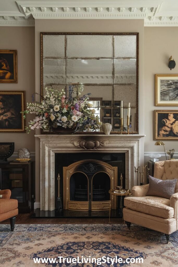 A living room featuring a fireplace with a large, antiqued mirror above it, flanked by floral arrangements and artwork.