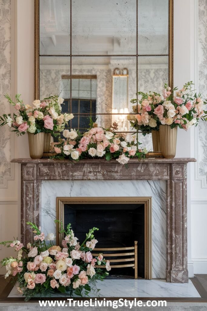 A grand floral display with gold vases and a garland of flowers on the mantel.