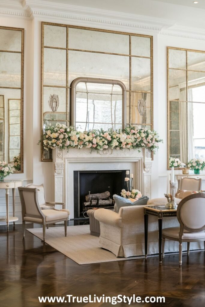 Layered mirrors above a mantel with a floral garland, enhancing depth and light.