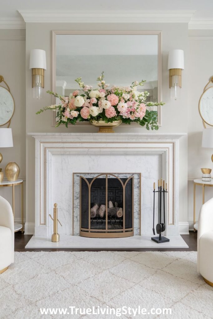 Symmetrical sconces and a large floral centerpiece on a mantel, creating a balanced lighting scheme.