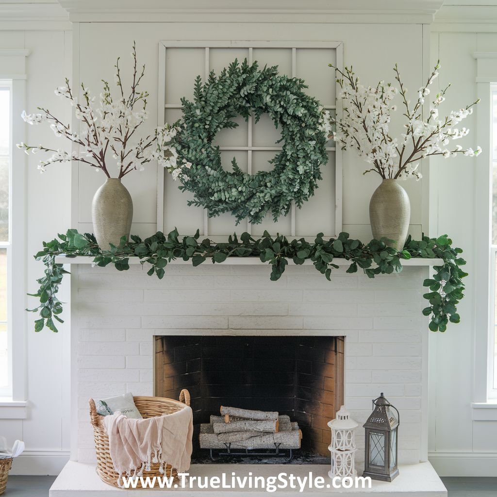 A festive mantel display combining a wreath and a garland.