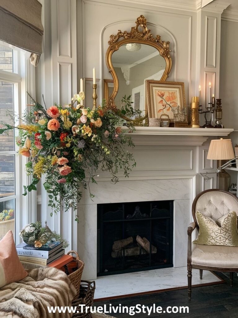 An asymmetrical floral arrangement paired with an ornate mirror and candles on a mantel.