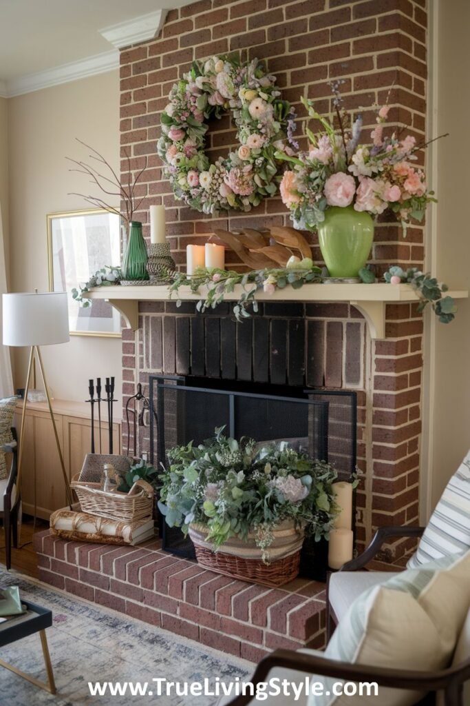 A brick fireplace decorated with a floral wreath, candles, and decorative elements.