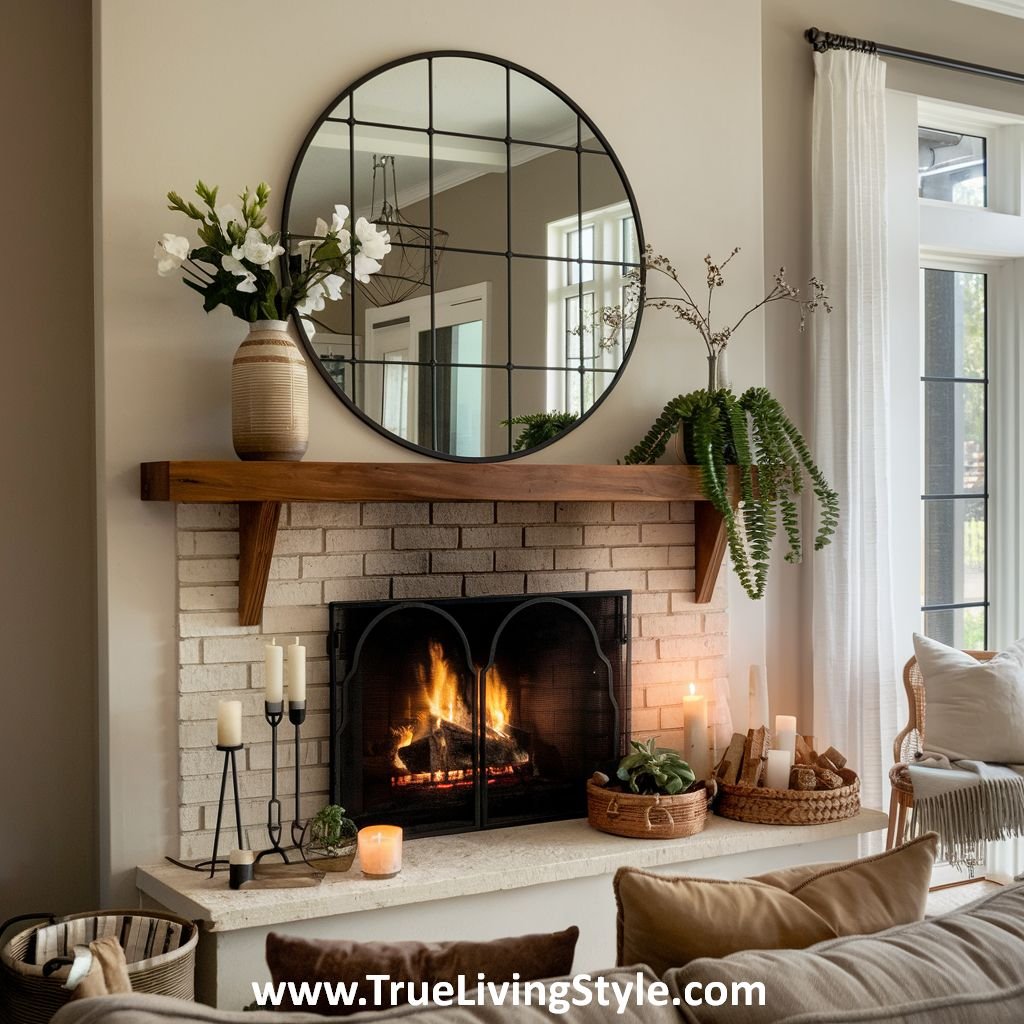 A round mirror above a mantel with minimalist accents like candles and flowers.