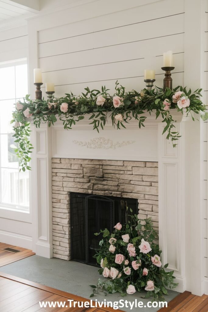 A simple garland and a larger floral arrangement creating visual interest on a mantel.