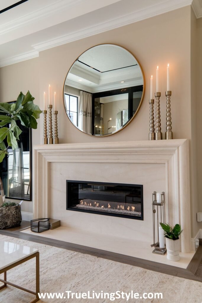 A modern fireplace accentuated with tall candlesticks, a round mirror, and small plants.