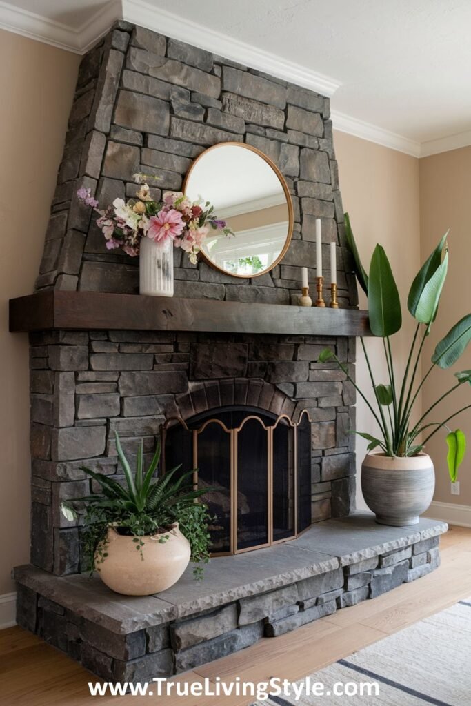 A stone fireplace with rustic touches, including a wooden mantel, round mirror, and potted plants.