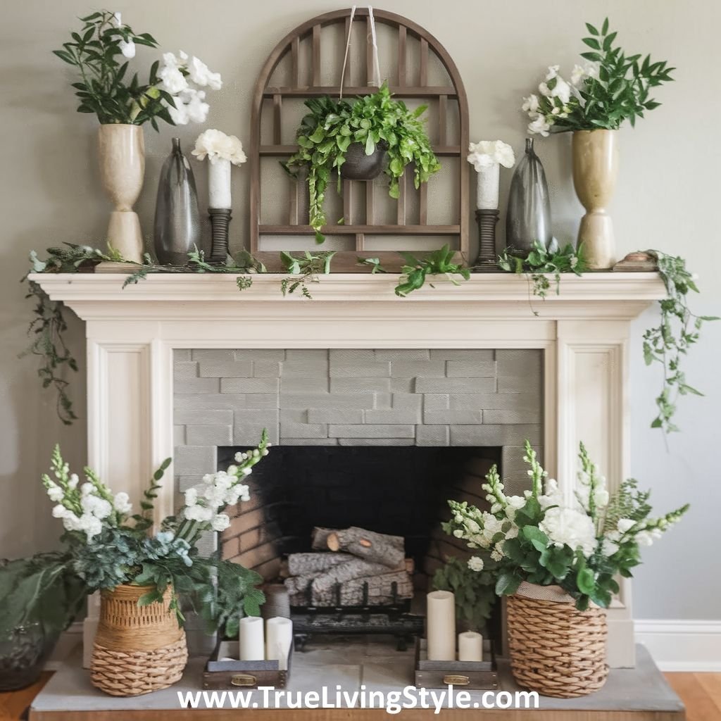 A clean and fresh mantel featuring white flowers and greenery in various vases.