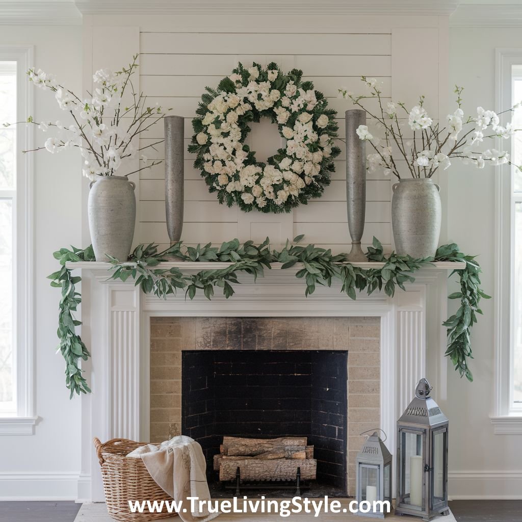 Matching vases on either side of a mantel with a garland and wreath for a symmetrical display.