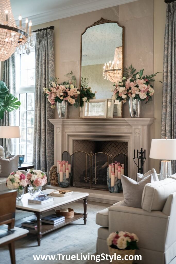 Elegant floral arrangements in silver vases with a tall mirror enhancing height and space.