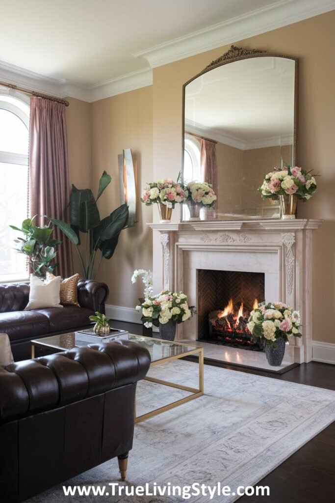 A large mirror above a mantel with symmetrical floral arrangements for a balanced display.