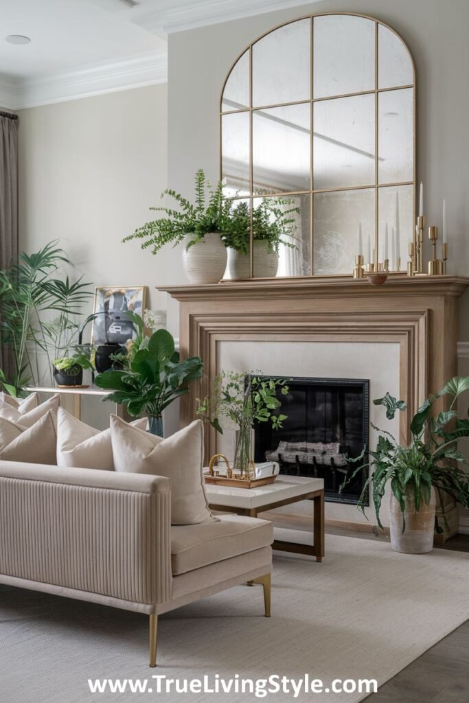Tall plants framing a fireplace with simple floral arrangements on the mantel.