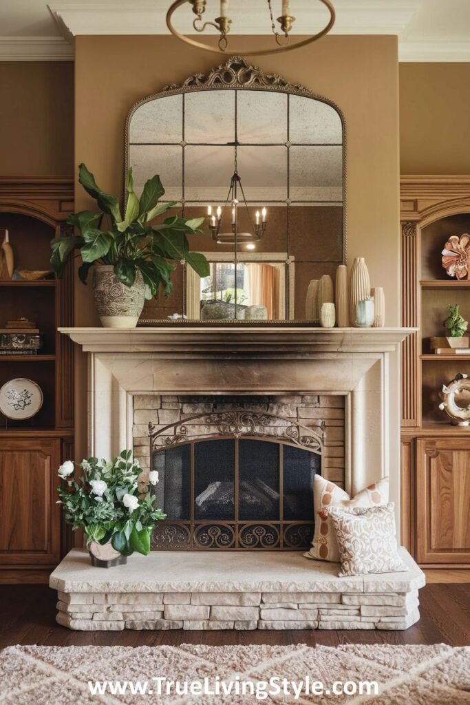A warm mantel with earthy tones and a rustic mirror, incorporating plants and decorative objects.