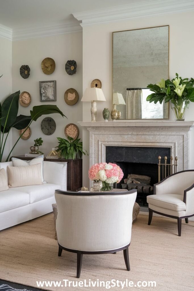 A minimalist mantel with a statement mirror and a simple floral arrangement.