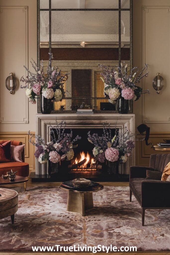 A symmetrical living room design with matching floral arrangements on a fireplace mantel beneath a large mirror.