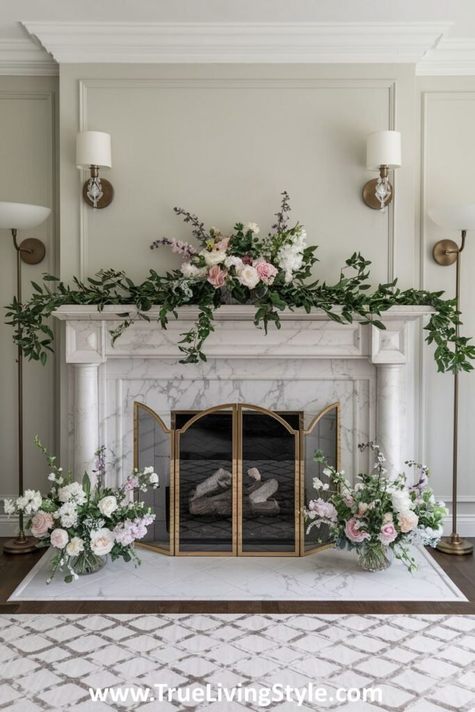 Symmetrical floral arrangements with greenery and a garland across the mantel for a lush look.