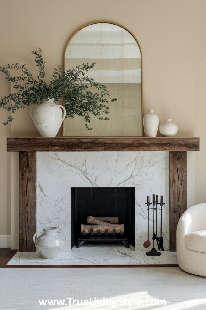 A rustic wood mantel with natural accents, including a round mirror, simple vases, and greenery.