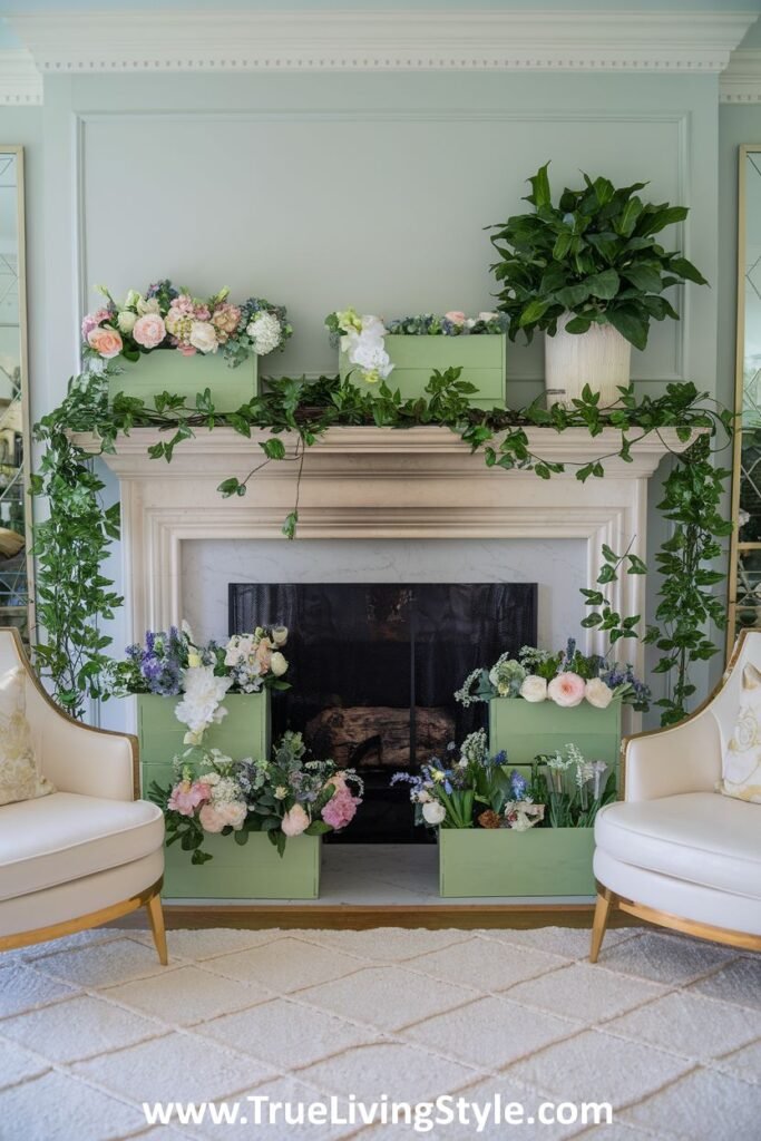 A mantel decorated with green planters, a vine garland, and chairs on each side.