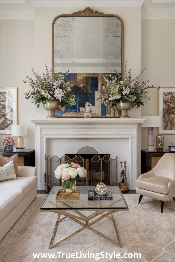 An elegant mantel featuring urns with spring blooms and a large mirror.