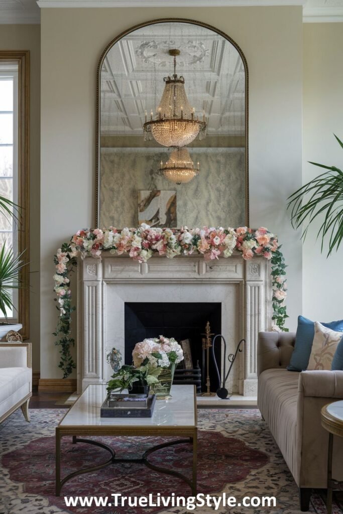 A fireplace mantel with a floral garland and a statement mirror reflecting a chandelier.
