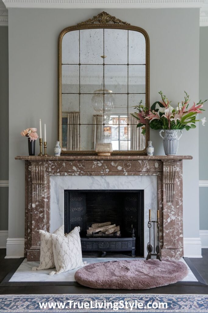 A marble fireplace with an antique mirror, candles, and small vases of flowers.