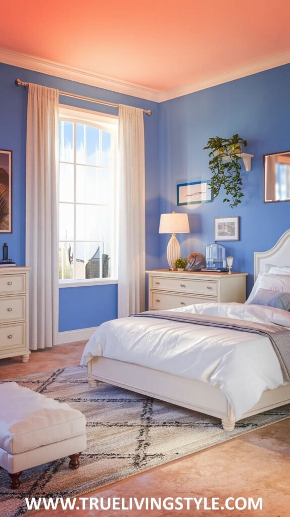 A vibrant bedroom with blue walls and a coral-painted ceiling. A white bed with white bedding is the focal point, complemented by white nightstands and sheer white curtains. A patterned rug lies on the floor.