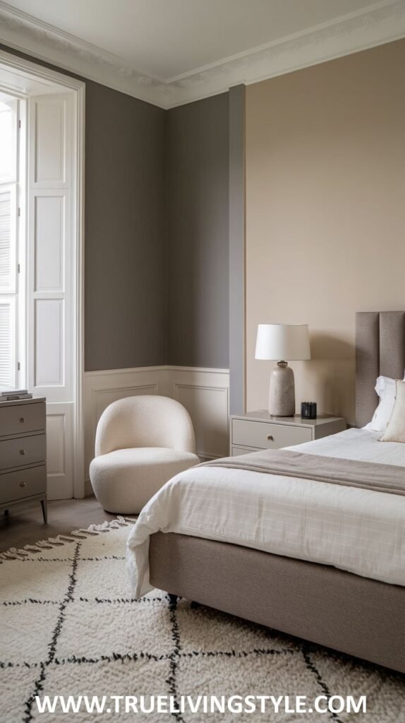A neutral and textured bedroom with muted brown and beige walls. A bed with a brown upholstered frame and white bedding with a gray throw is featured, along with a cream sherpa armchair. A patterned rug lies on the floor.