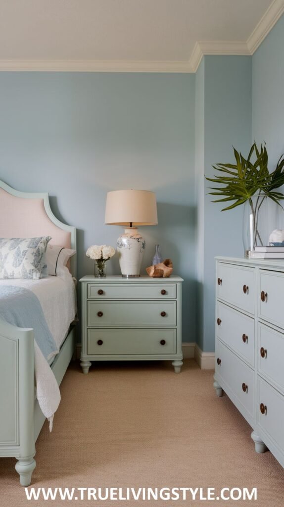 A fresh bedroom with soft blue-green walls and white trim. A light blue-green bed frame with white and blue patterned bedding is shown, along with white dressers.