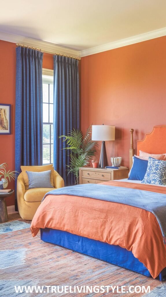 A vibrant bedroom with warm orange walls and blue trim. A wooden bed with orange and blue bedding is featured, along with a wooden nightstand and a yellow armchair with a blue pillow.