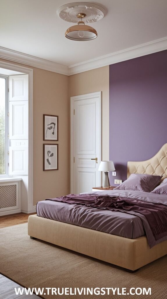 A delicate bedroom with lilac and beige walls. A beige upholstered bed with lilac bedding and a tufted headboard is featured.