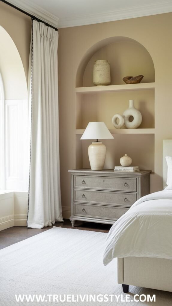 A cozy bedroom with warm beige walls and white trim. A bed with white bedding is partially visible, along with a gray dresser featuring natural wood shelves in an alcove above.
