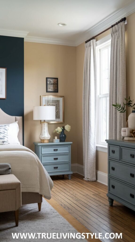 A balanced bedroom with a navy blue accent wall and beige walls. A bed with neutral bedding is partially visible, along with light blue painted furniture including a nightstand and dresser.