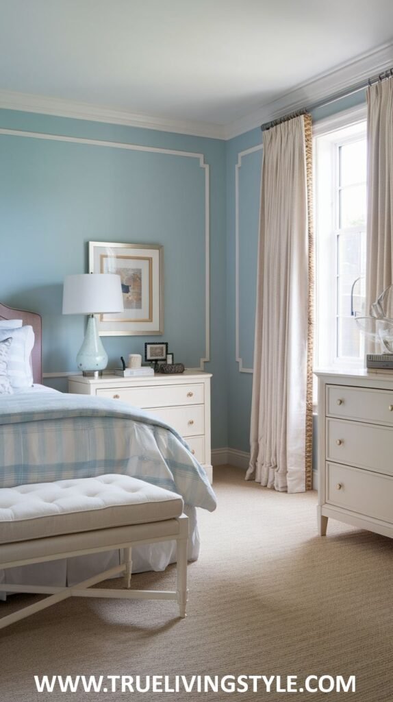 A light and airy bedroom featuring light blue walls with white trim and paneling. A white bed with blue and white plaid bedding is present, along with white nightstands and a white bench. Light beige curtains hang by the window.