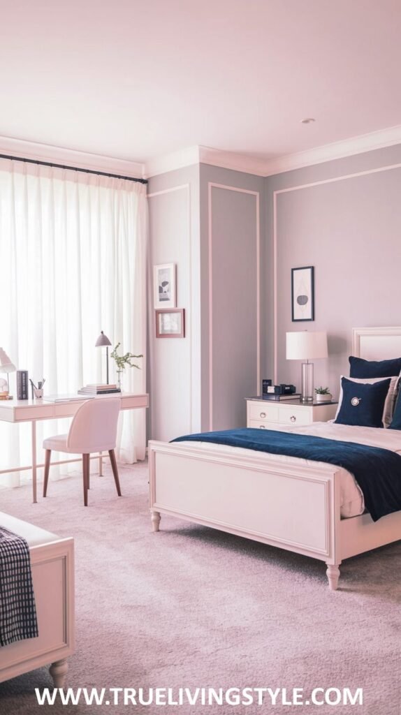A soft and contemporary bedroom with light gray walls and white trim. A white bed with blue and white bedding is featured, along with a white desk and chair.
