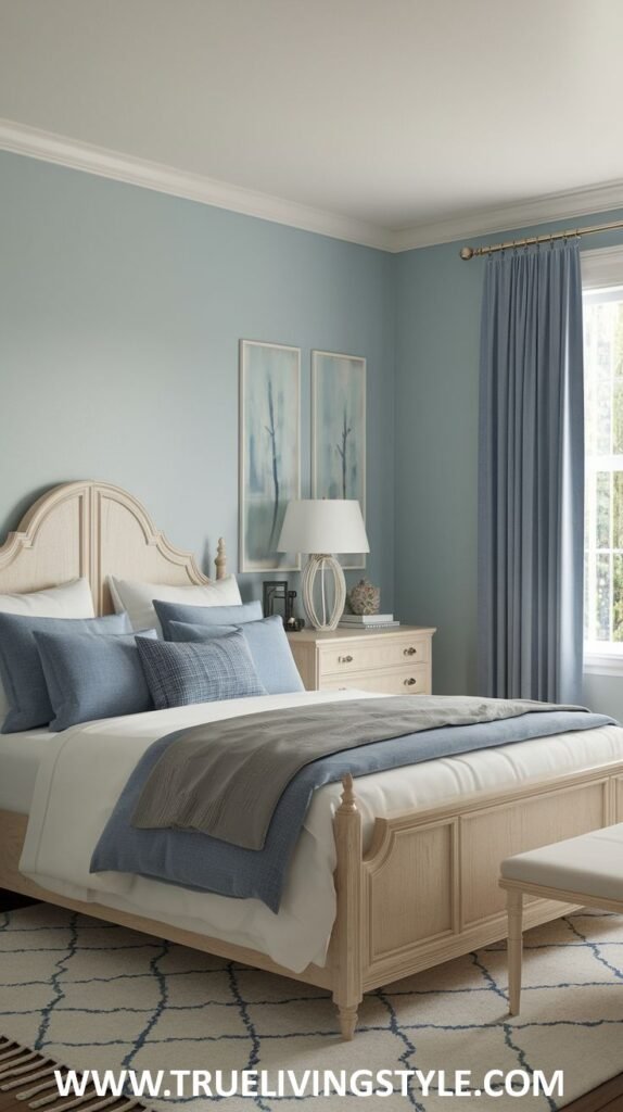 A peaceful bedroom with soft blue walls and white trim. A light wooden bed with white and blue bedding and a gray throw is shown.