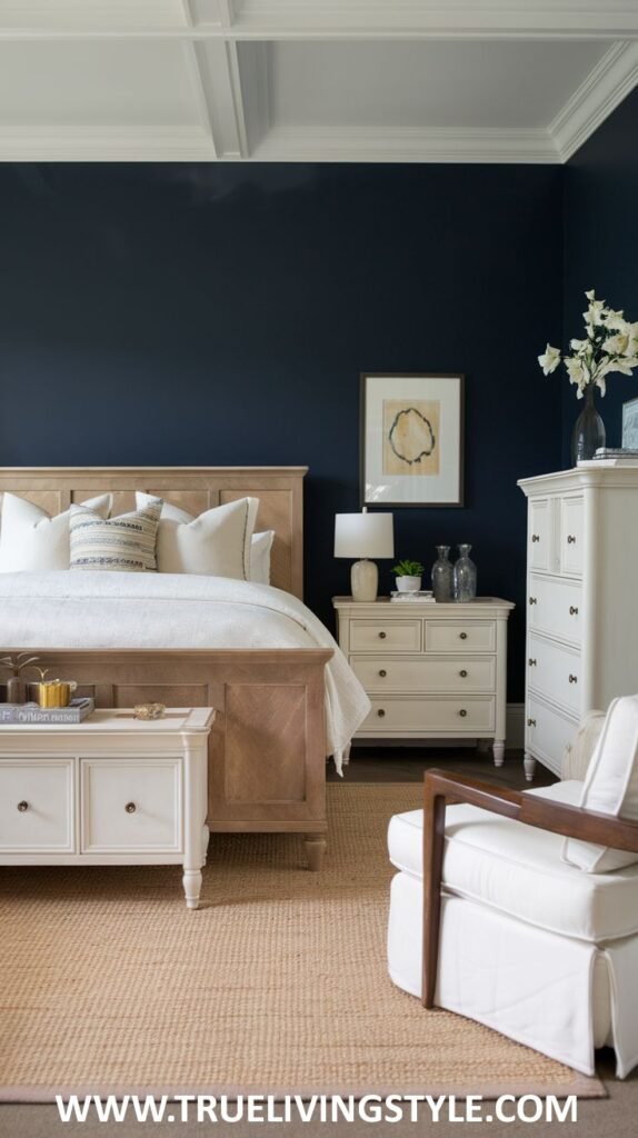 A striking bedroom with deep navy blue walls and white trim. A wooden bed with white and patterned pillows is featured, along with white furniture and a white armchair.